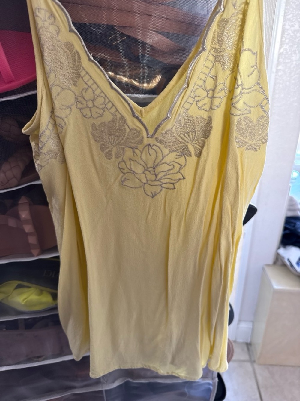 Maurices Yellow Floral V-Neck Cami with Silver Embroidery